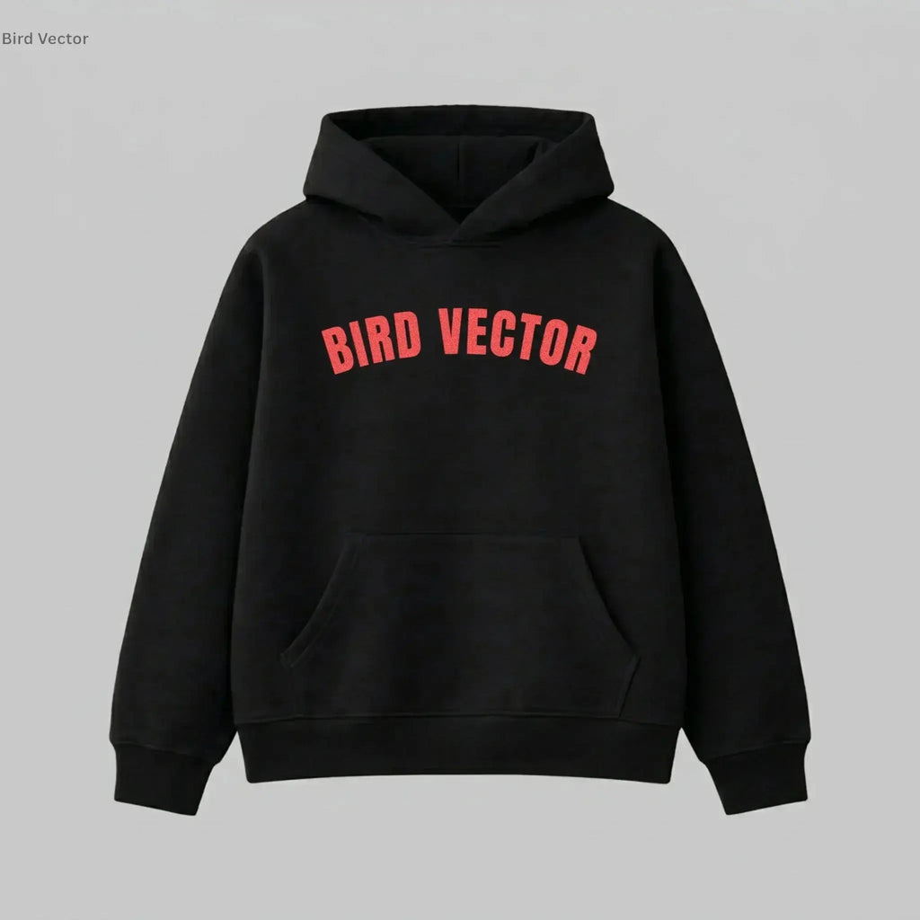 Bird Vector brand black Hoodie with red graphic text.