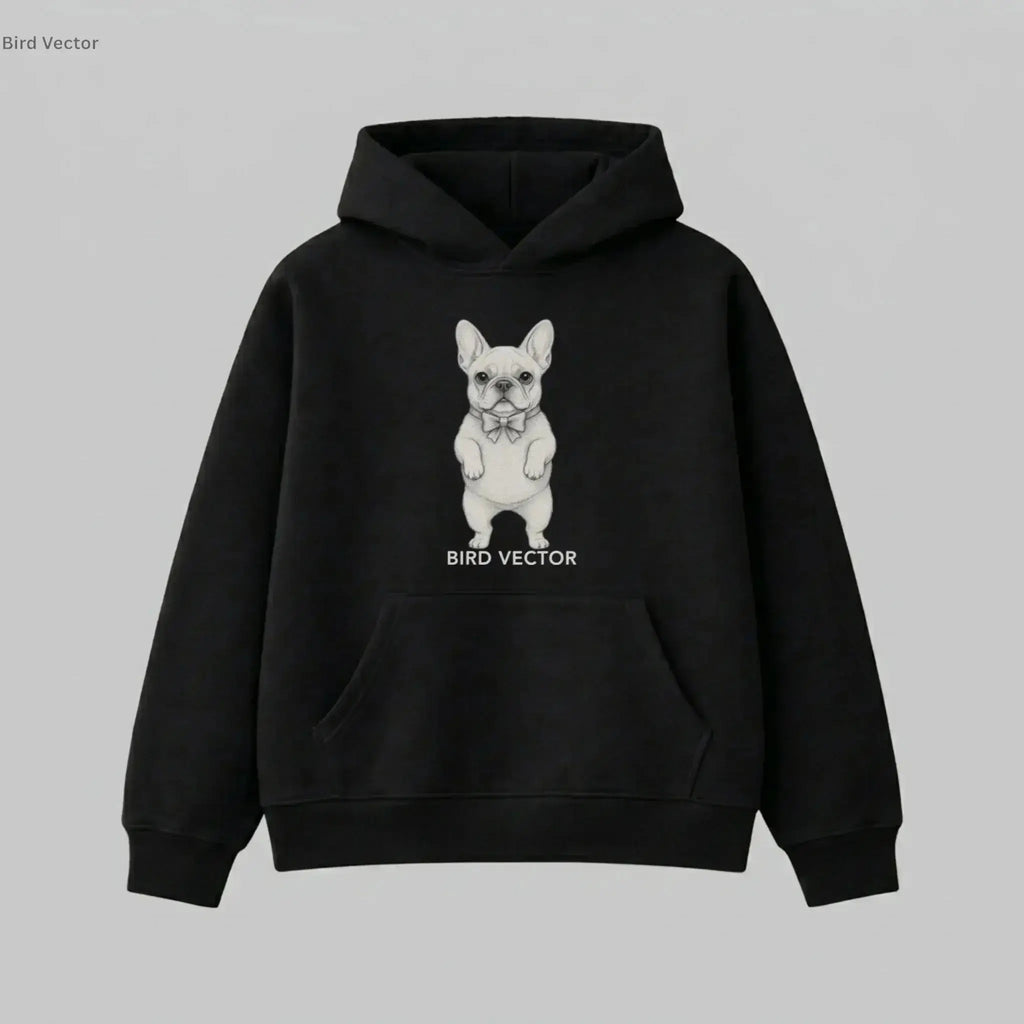 Anatomical french dog specimen graphic printed on a black heavy weight oversized hoodie by Bird Vector Misfit Label.