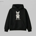 Anatomical french dog specimen graphic printed on a black heavy weight oversized hoodie by Bird Vector Misfit Label.