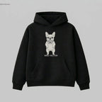 Anatomical french dog specimen graphic printed on a black heavy weight oversized hoodie by Bird Vector Misfit Label.