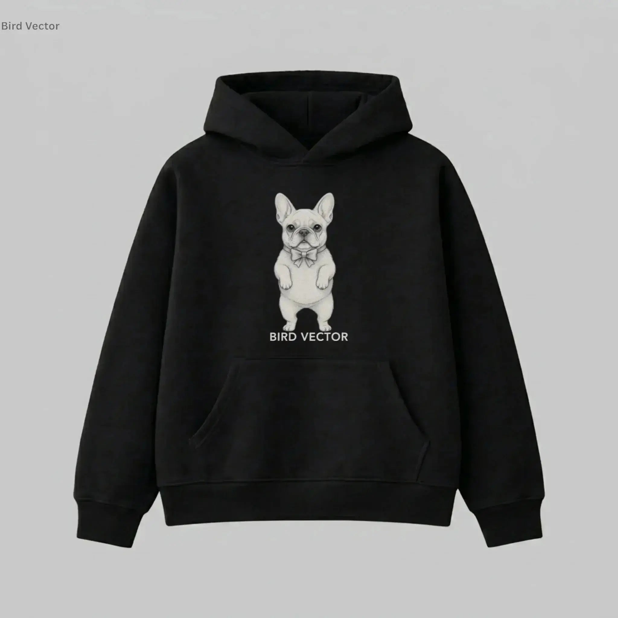Anatomical french dog specimen graphic printed on a black heavy weight oversized hoodie by Bird Vector Misfit Label.