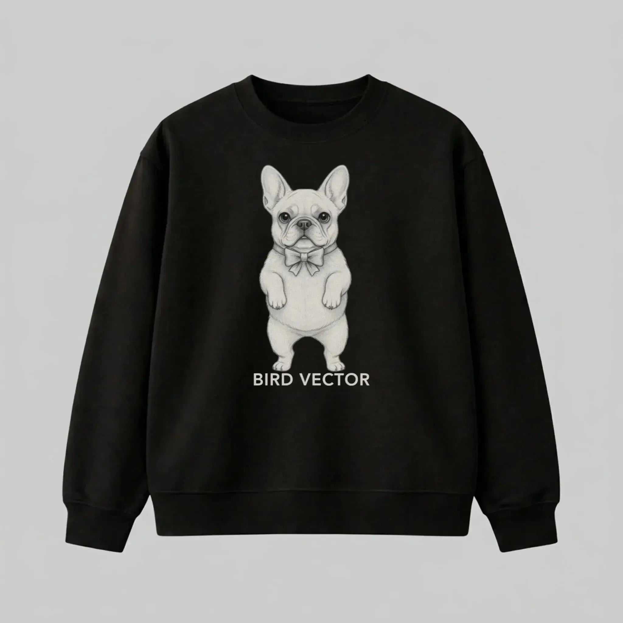 Anatomical french dog specimen graphic printed on a black heavy weight oversized Sweatshirt by Bird Vector Misfit Label.