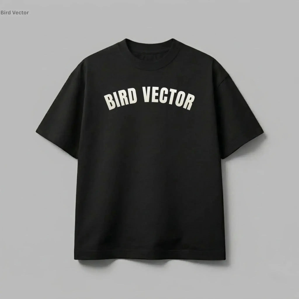 Bird Vector brand black t-shirt with cream graphic text.