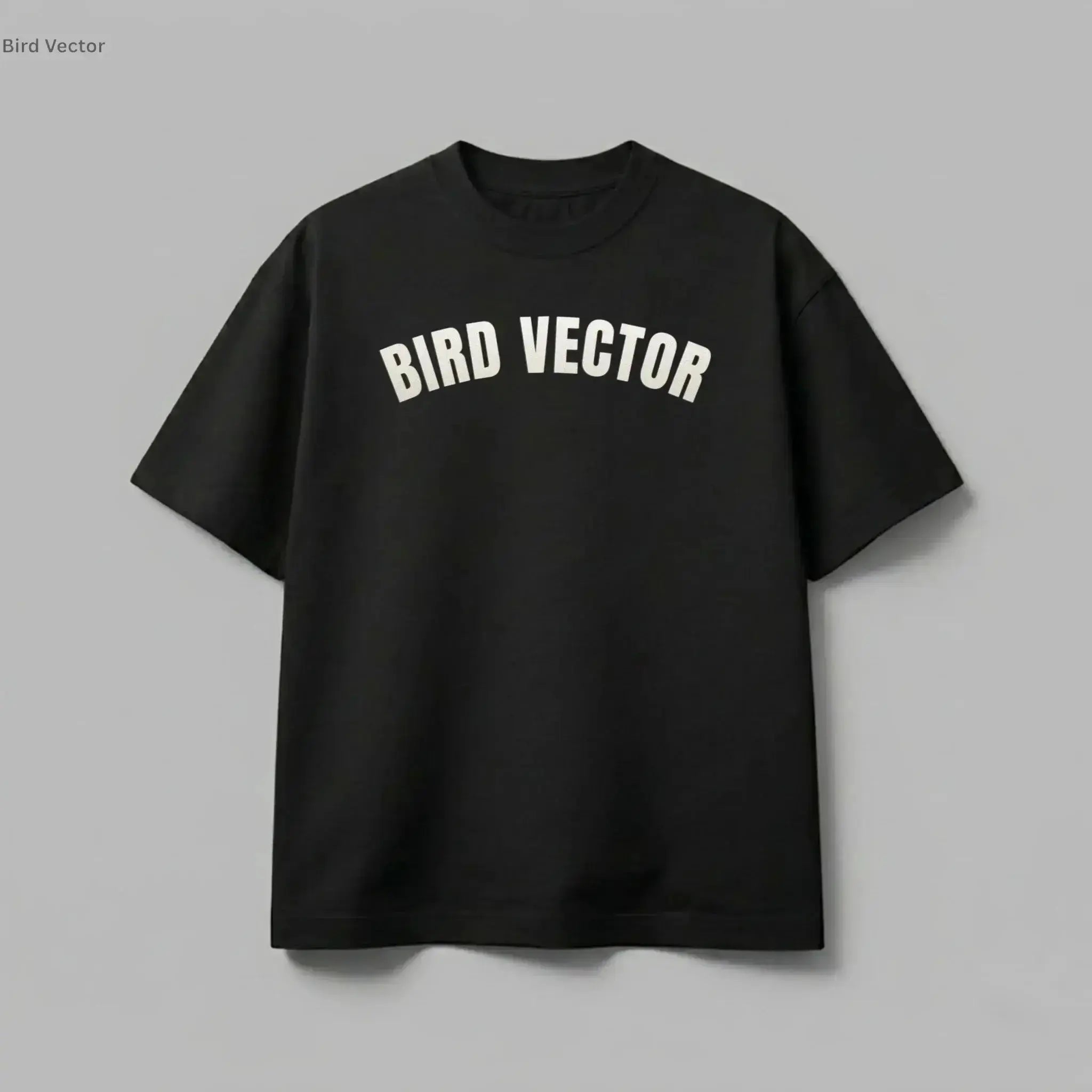 Bird Vector brand black t-shirt with cream graphic text.