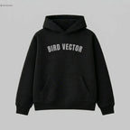 Bird Vector brand black collegiate Hoodies with grey graphic text.