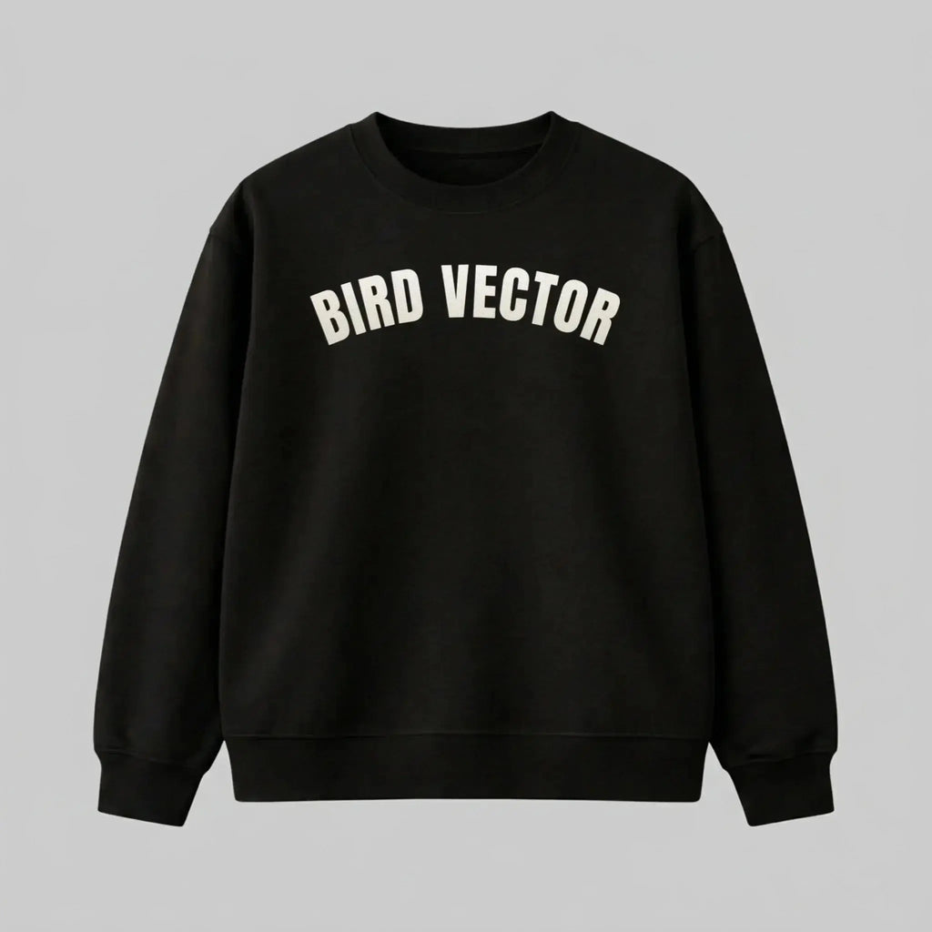 Bird Vector brand black crewneck sweatshirt with Cream graphic text.