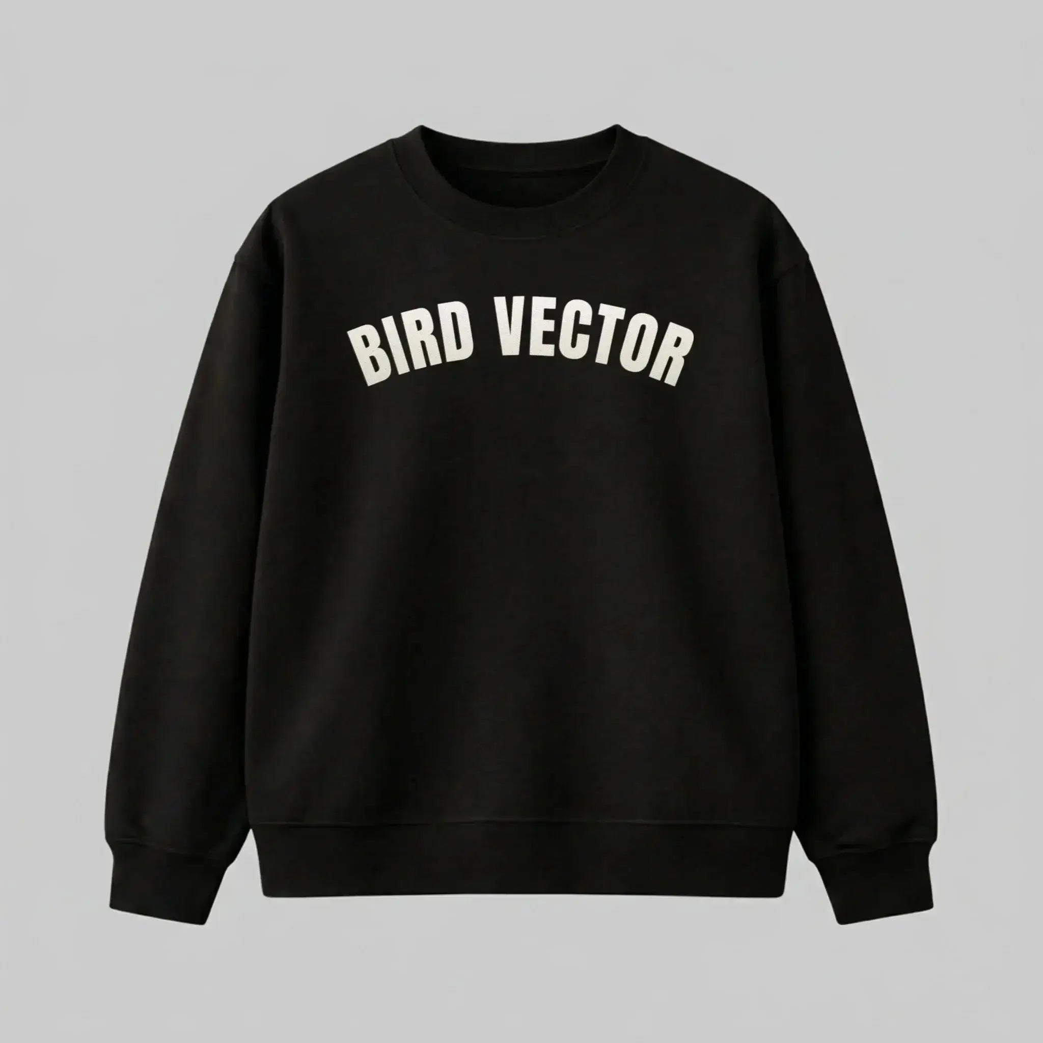 Bird Vector brand black crewneck sweatshirt with Cream graphic text.