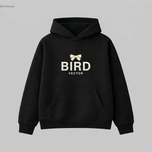 Cream ribbon bow graphic on a black heavyweight hoodie.320gsm hoodie featuring BIRD VECTOR minimalist text