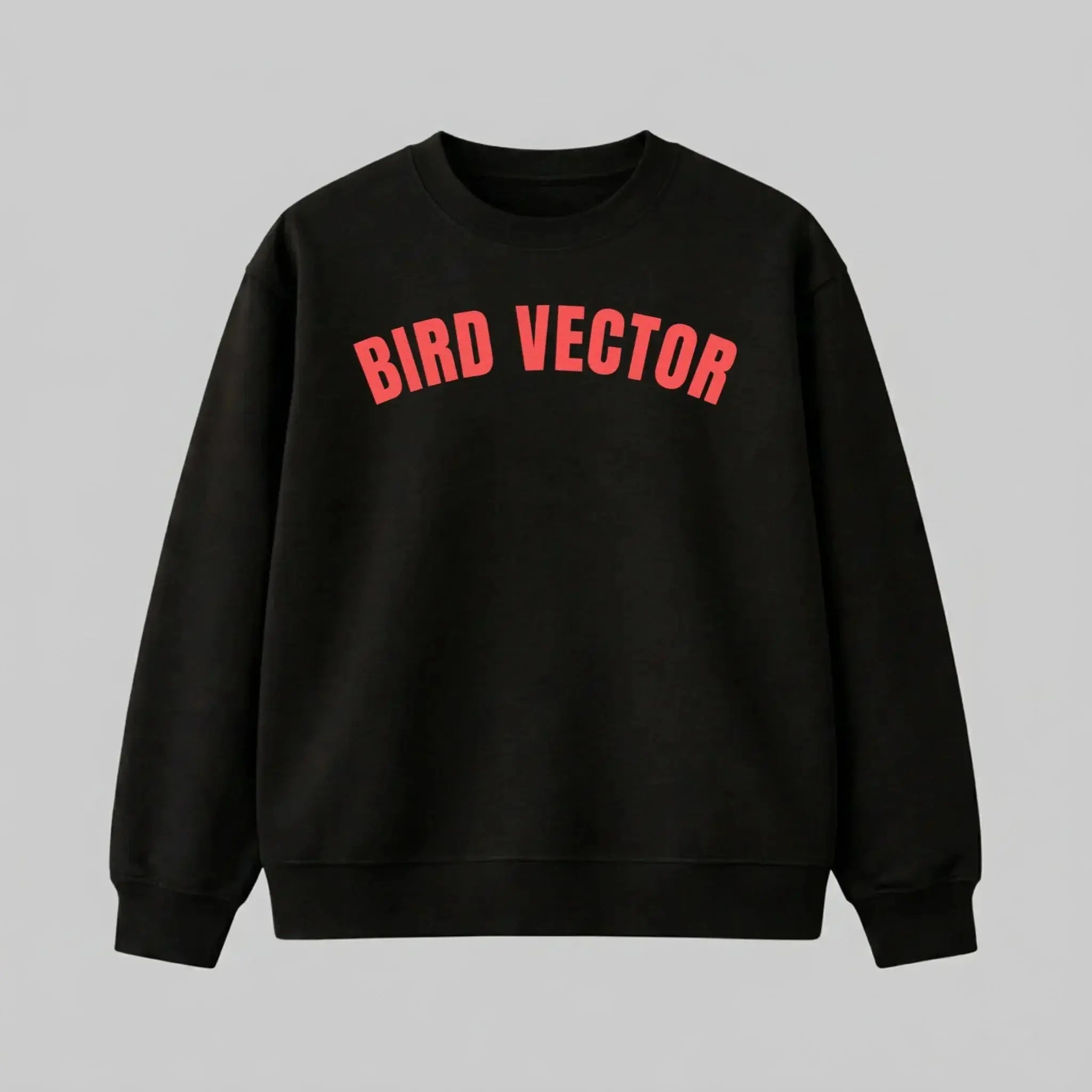 Bird Vector brand black collegiate crewneck sweatshirt with red graphic text.