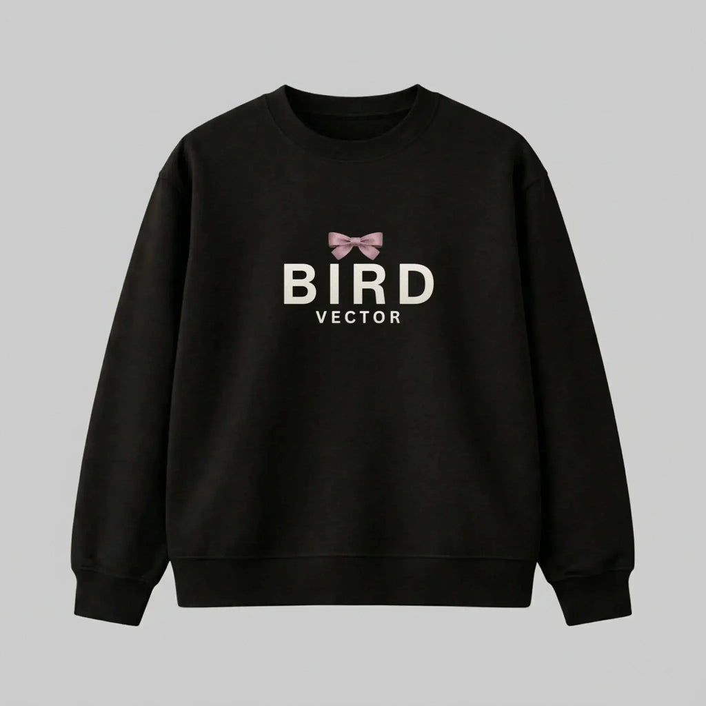 Mauve ribbon bow graphic on a black heavyweight sweatshirt. 350gsm organic ringspun cotton crewneck featuring BIRD VECTOR minimalist text branding.