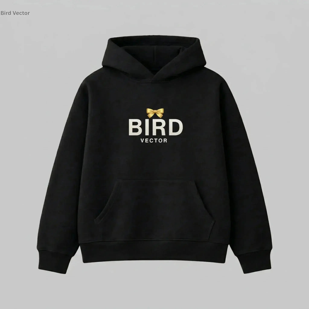 Yellow ribbon bow graphic on a black heavyweight hoodie.320gsm hoodie featuring BIRD VECTOR minimalist text