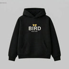 Yellow ribbon bow graphic on a black heavyweight hoodie.320gsm hoodie featuring BIRD VECTOR minimalist text