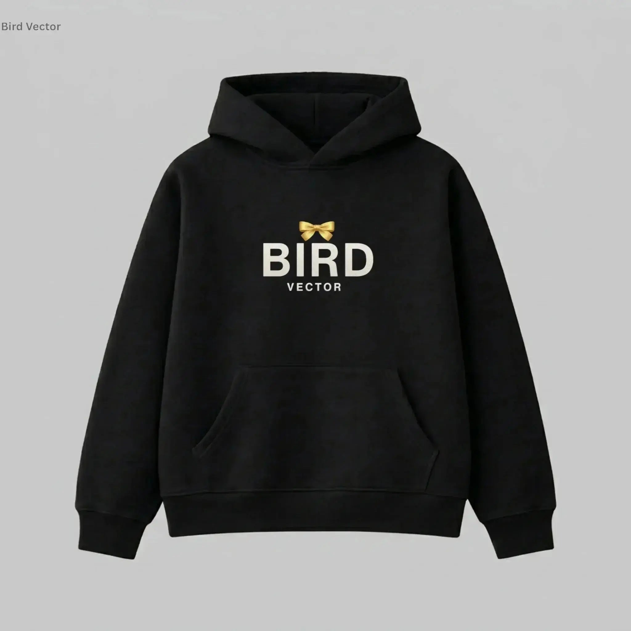 Yellow ribbon bow graphic on a black heavyweight hoodie.320gsm hoodie featuring BIRD VECTOR minimalist text